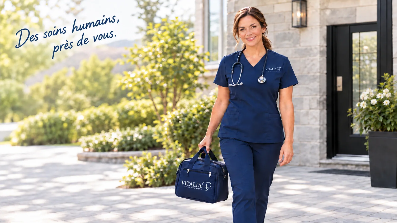 Une infirmière souriante avec son stéthoscope et son sac de visite VITALIA. Des soins humains, près de vous.
